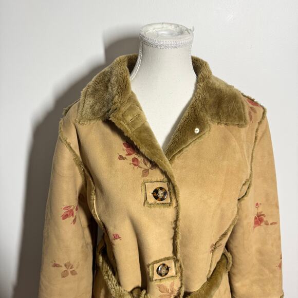 Lapis Coat Women M Tan Rose Print Faux Suede Penny Lane Faux Fur Lined Patchwork - Picture 5 of 9